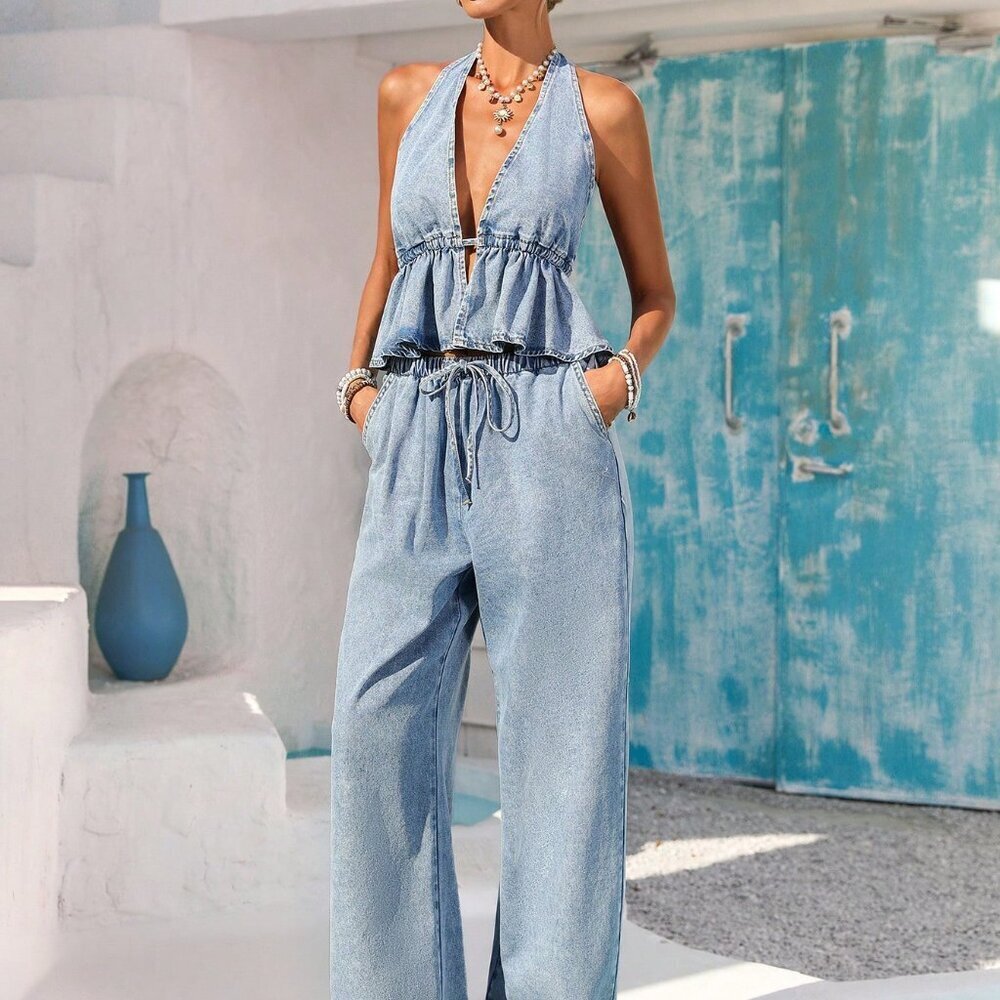 Light Wash Casual Women's Two-Piece Set - Picture 5 of 6